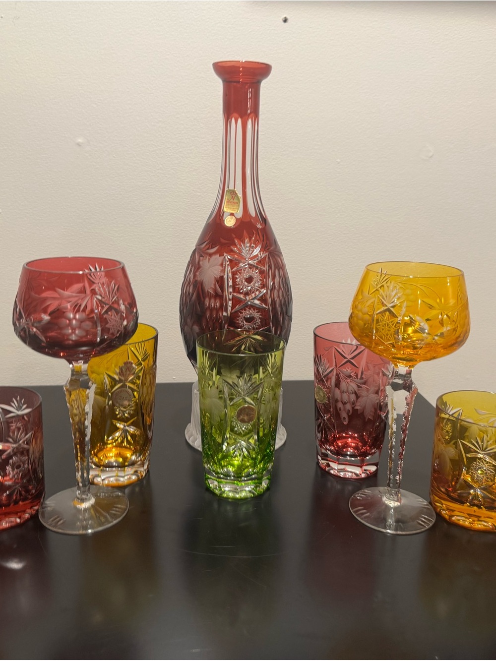 Nachtmann Traube Crystal Harlequin Bar Set 10pc Ruby Amber Green Germany